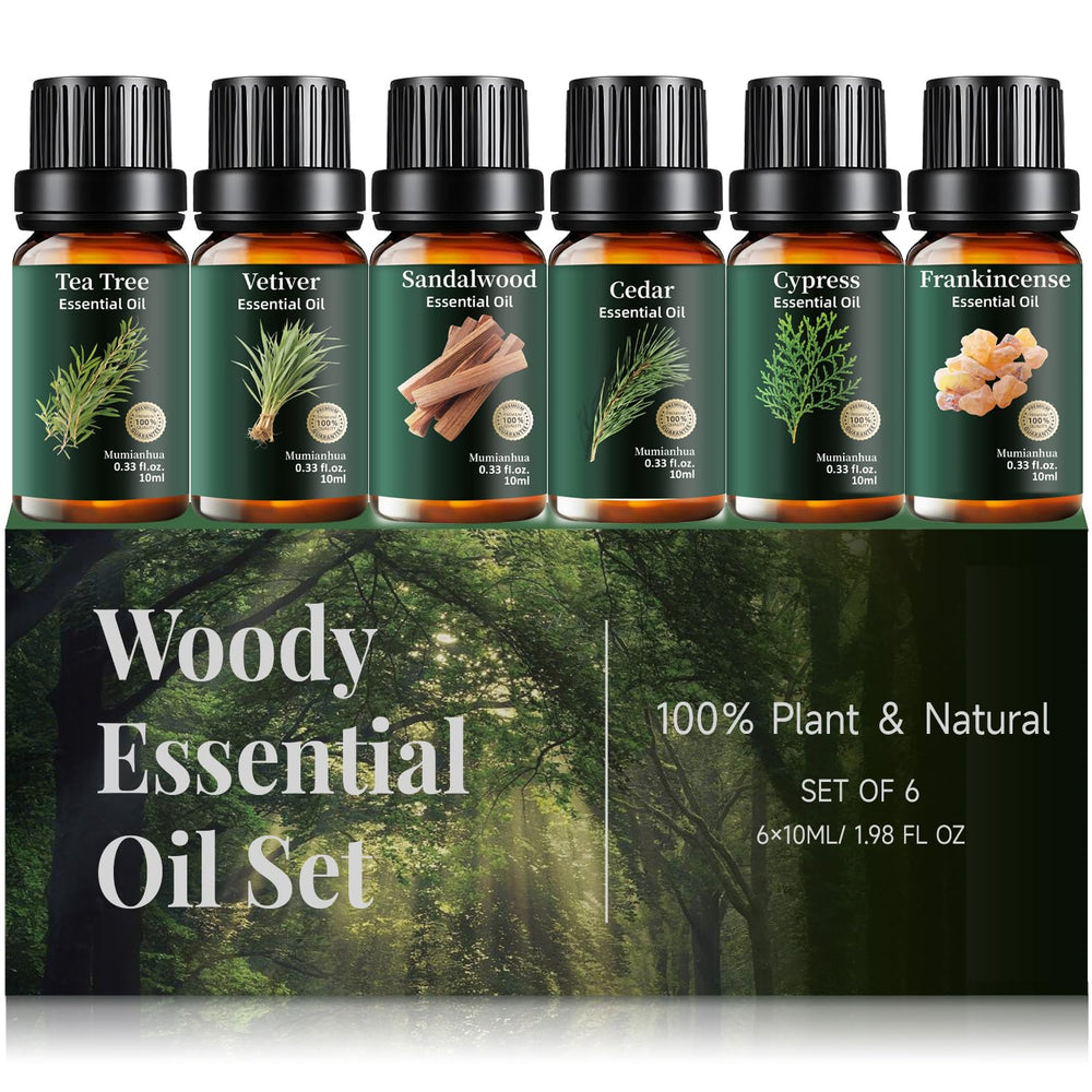Mumianhua six-pack woody oils set packaging ideal for diffusing and gifting.