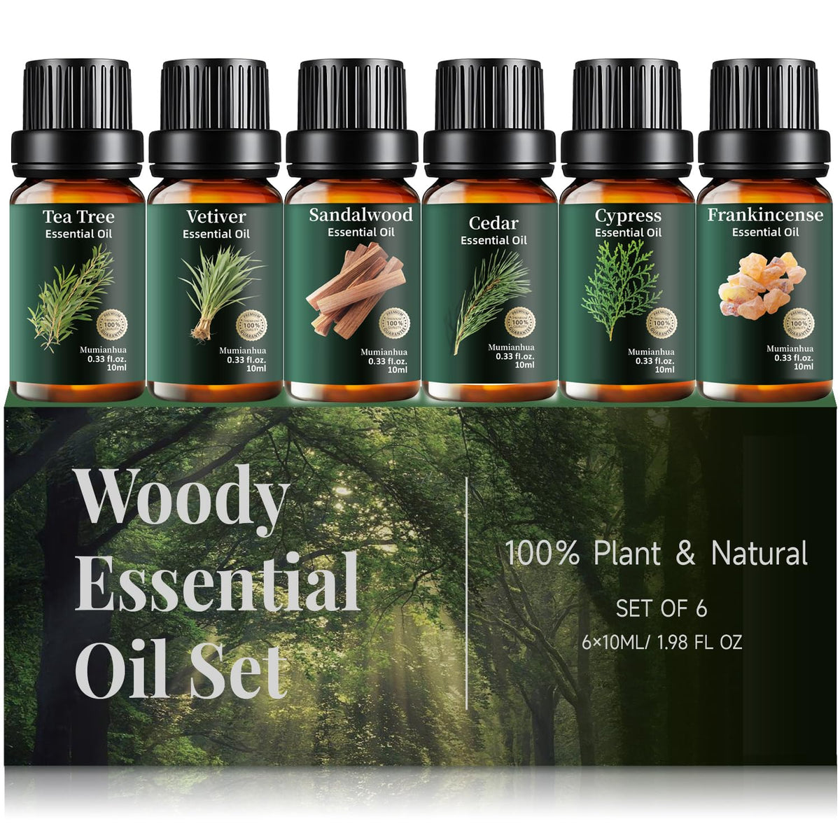 Mumianhua six-pack woody oils set packaging ideal for diffusing and gifting.