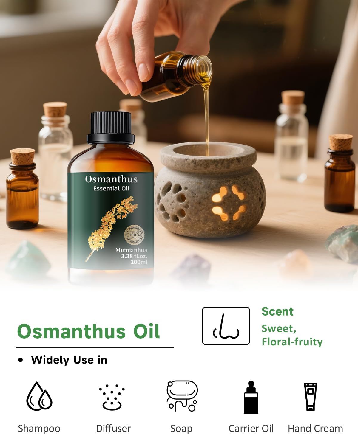 Mumianhua Osmanthus oil improves hair texture and natural shine.