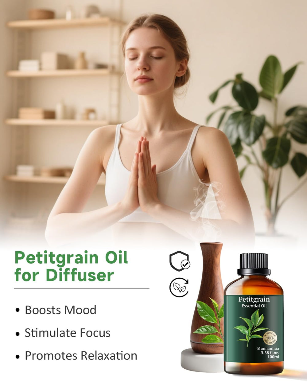 Mumianhua Petitgrain oil in a diffuser creating a tranquil room atmosphere.
