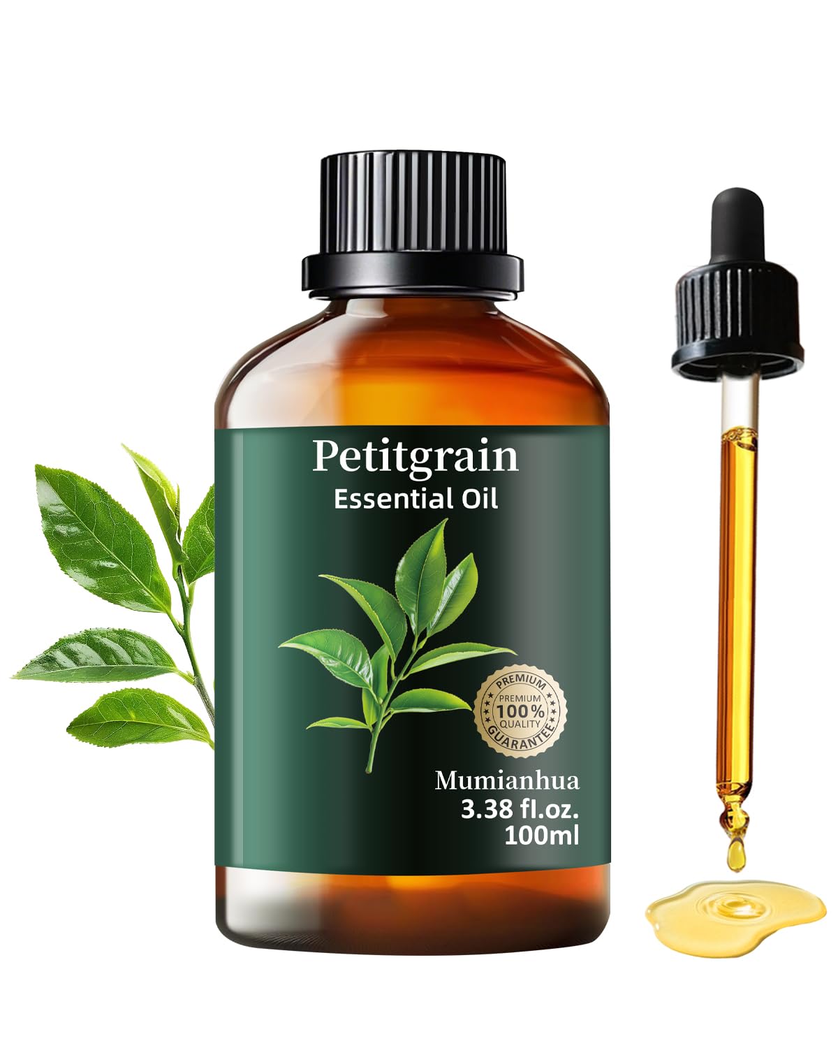 Mumianhua Petitgrain essential oil bottle emitting a calming citrus-woody scent.