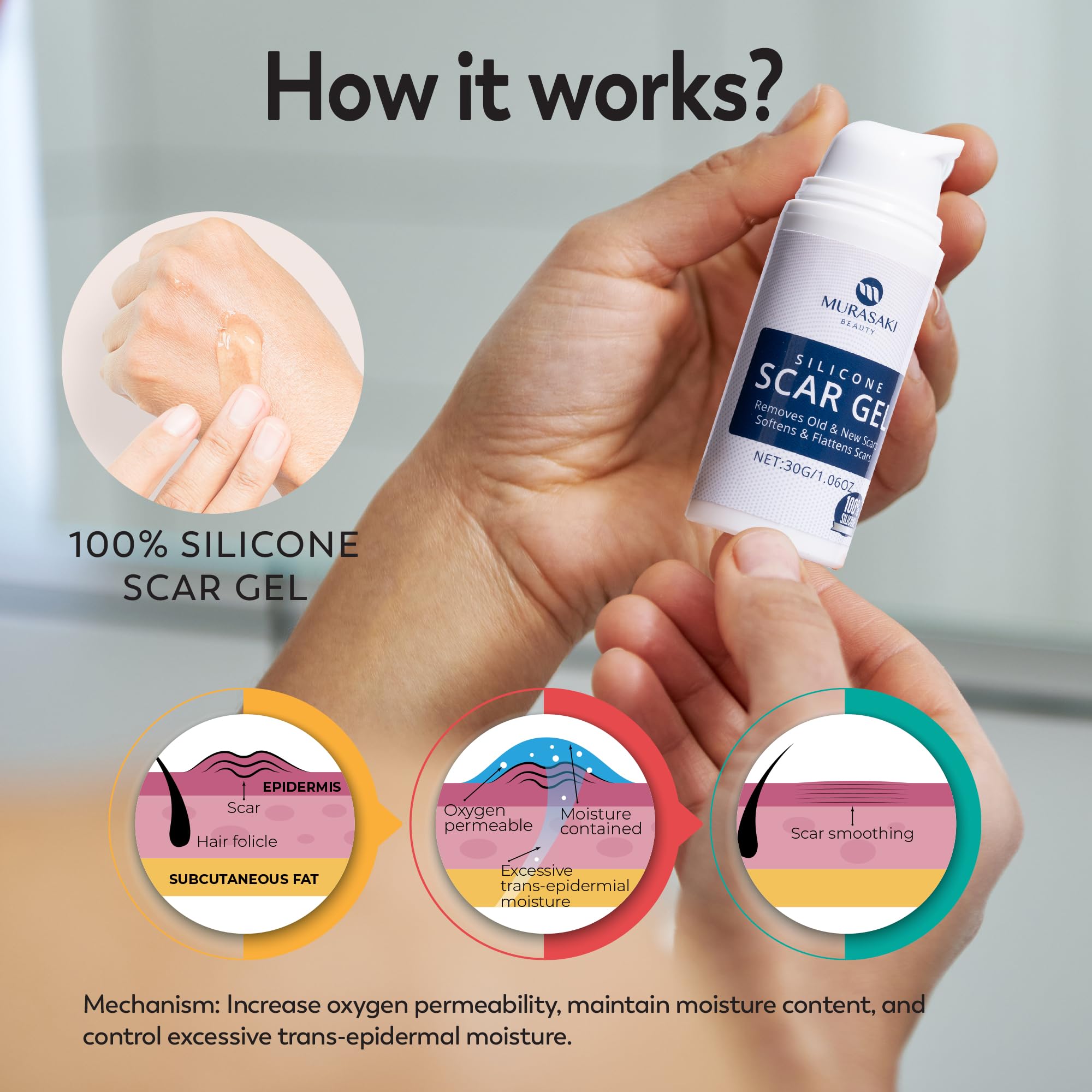 MURASAKI BEAUTY scar gel quick-absorbing formula on skin.