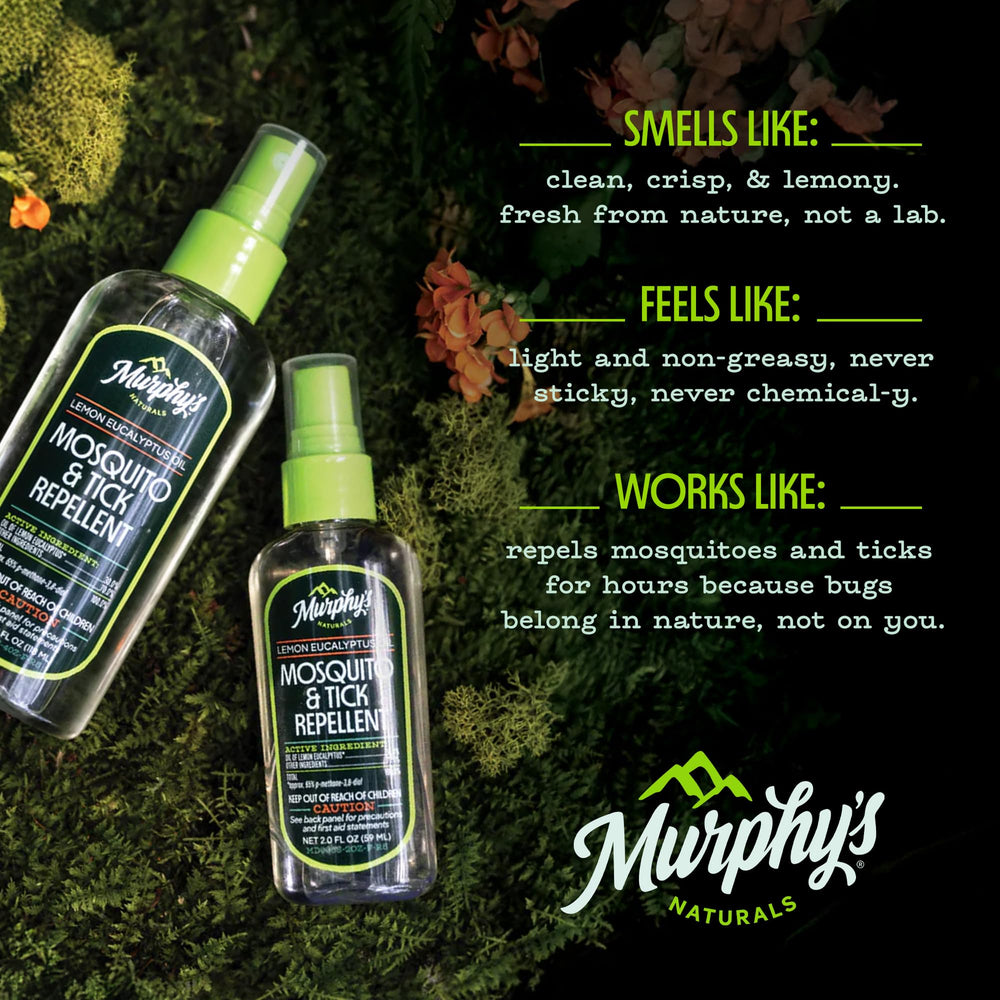 Murphy's Naturals lemon eucalyptus spray on outdoor gear deters pests during hikes.