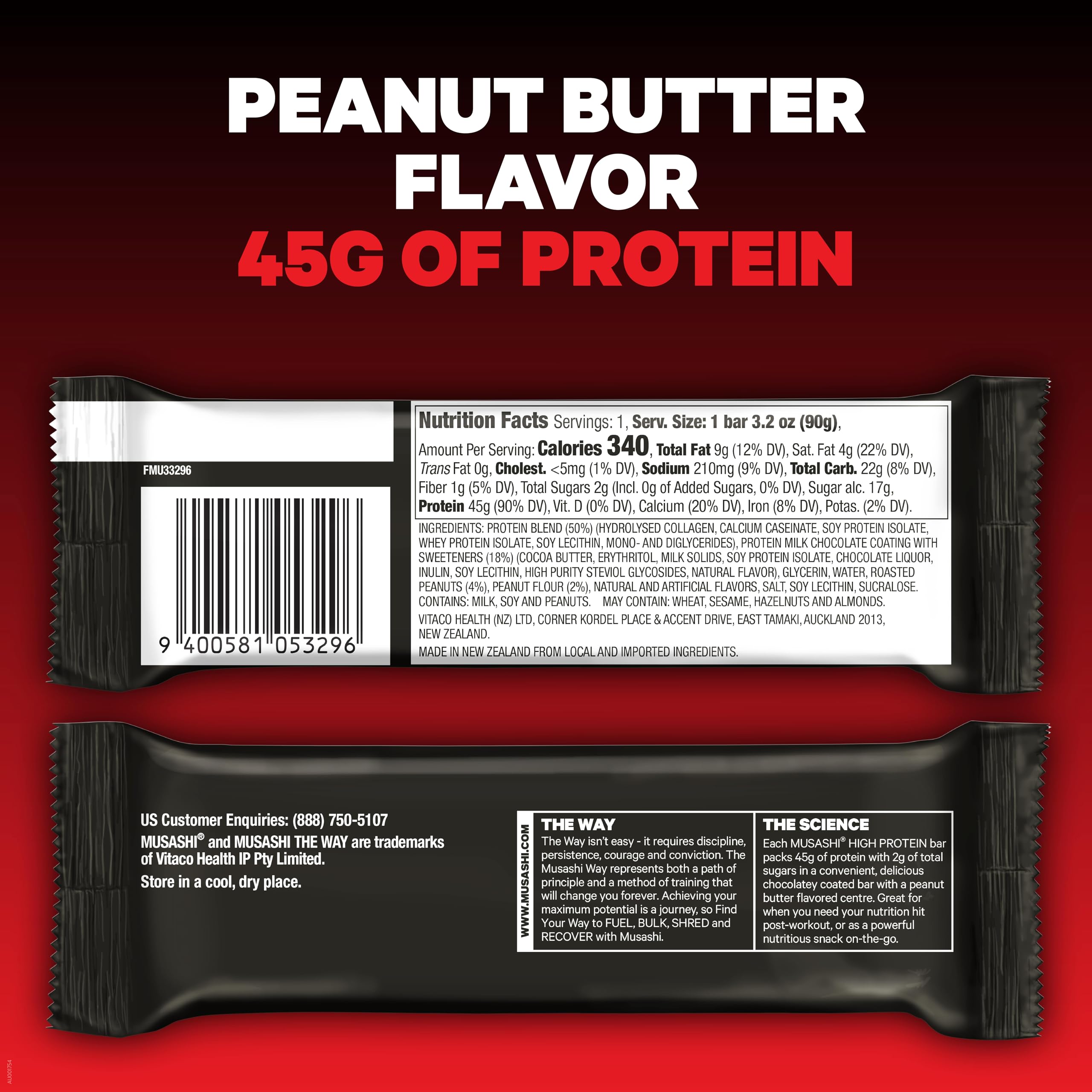 Close-up of MUSASHI bar ingredients showing whey protein isolate formulation
