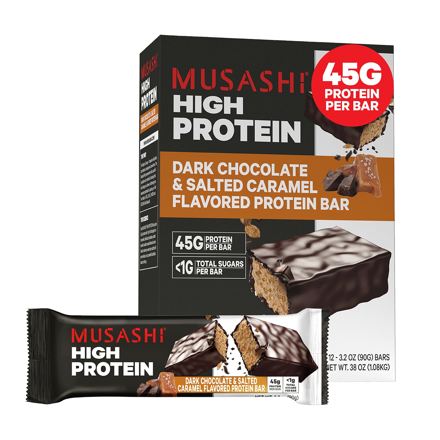 MUSASHI High Protein Bar: dark chocolate with salted caramel, rich post-workout flavor.