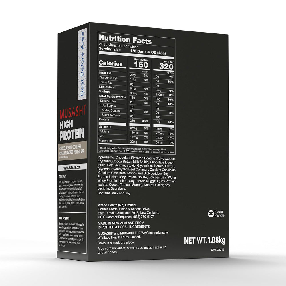 MUSASHI cookies-cream nutrition panel highlights 45 g protein and 2 g sugar.