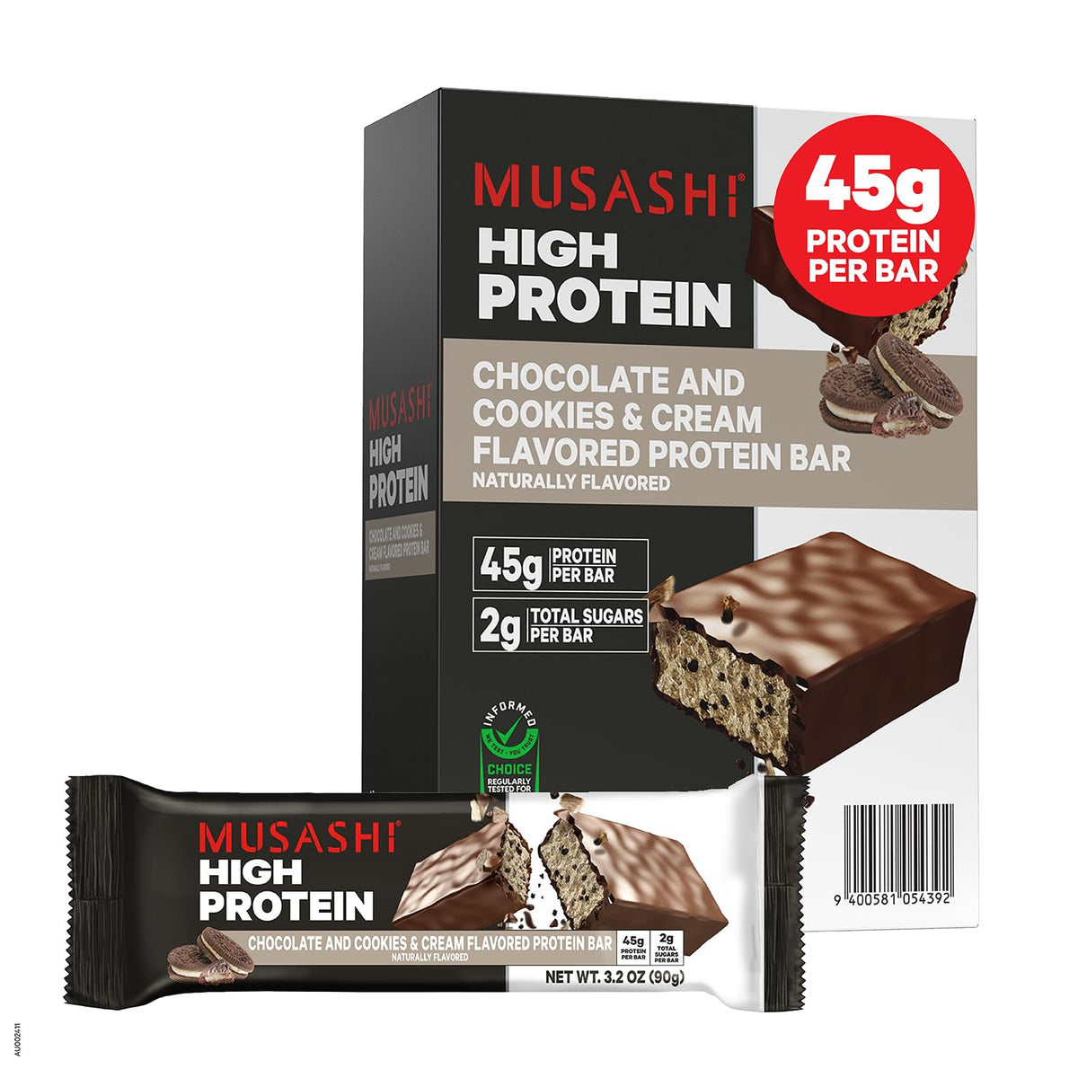 MUSASHI high-protein bar cookies & cream pack-front for quick post-workout fueling.