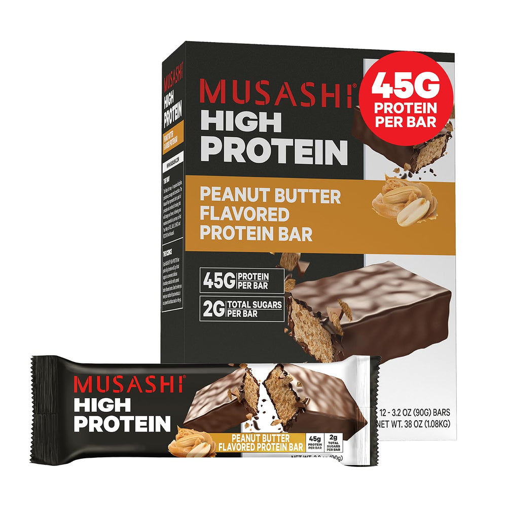 MUSASHI high protein bar with peanut butter and milk chocolate coating for post-workout satisfaction