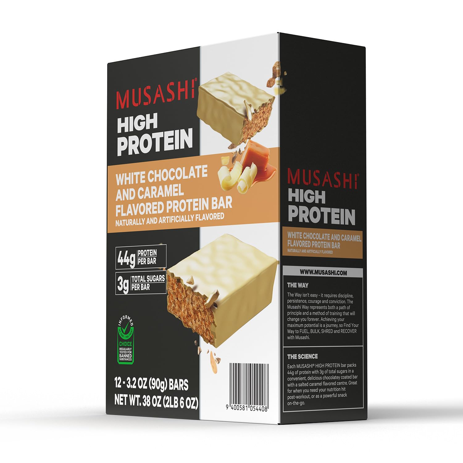 Musashi High Protein Bar bite-closeup shows creamy texture and indulgent white chocolate caramel