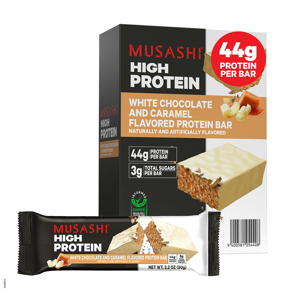 Musashi High Protein Bar front-pack view showcases White Chocolate Caramel flavor for post-workout fueling