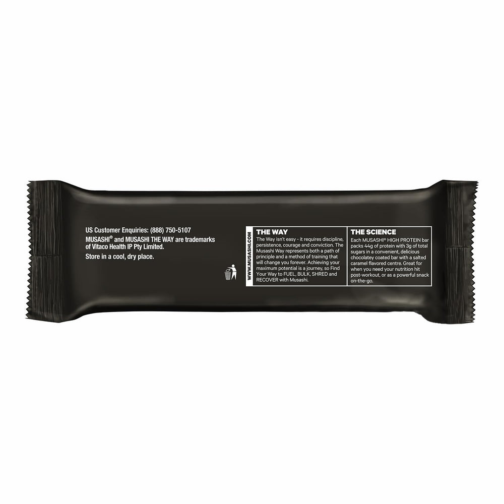 Musashi High Protein Bar nutrition panel displays whey protein isolate and BCAAs content