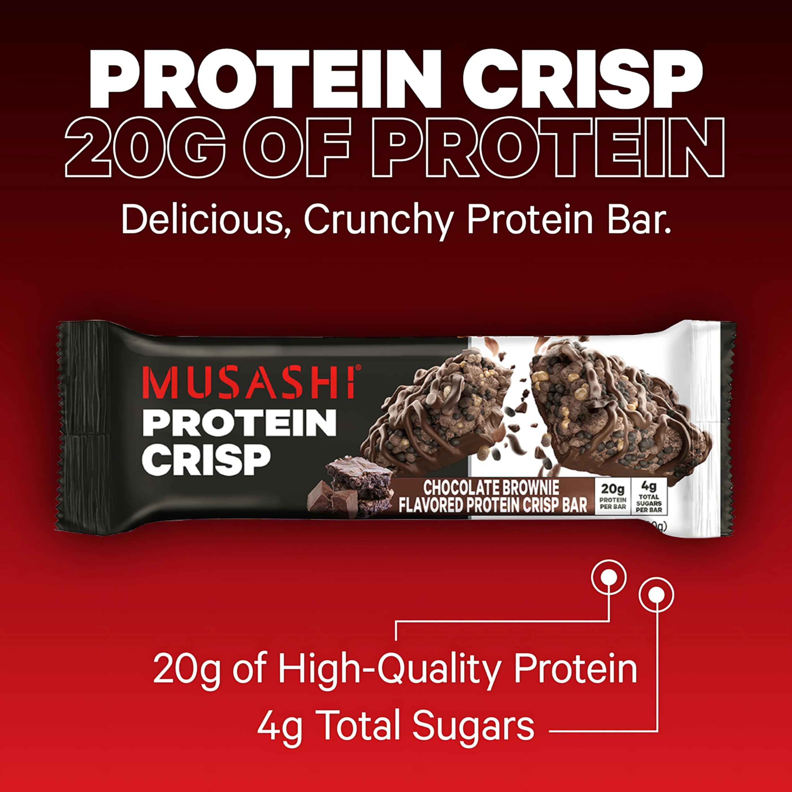 MUSASHI Protein Crisp Bar chocolate brownie closeup texture emphasizes crispy bite