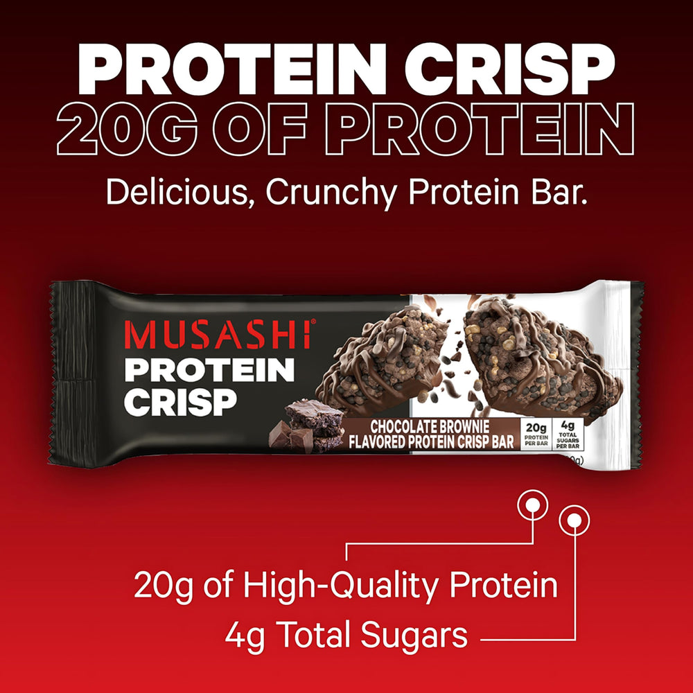 MUSASHI Protein Crisp Bar chocolate brownie closeup texture emphasizes crispy bite