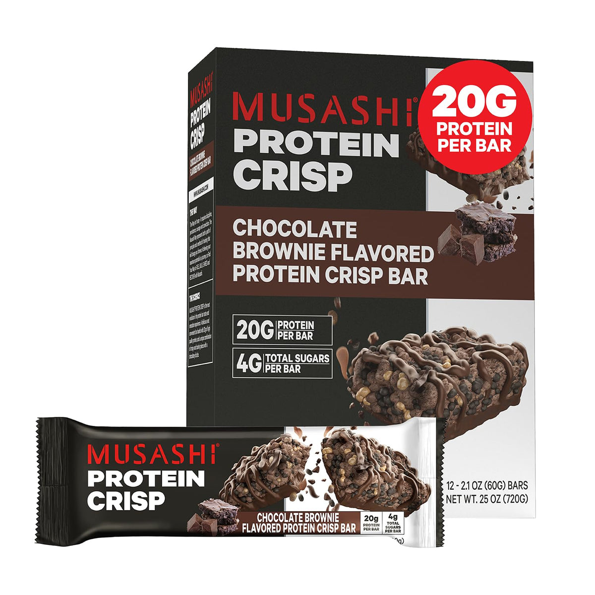 MUSASHI Protein Crisp Bar chocolate brownie packaging highlights a protein-packed snack option