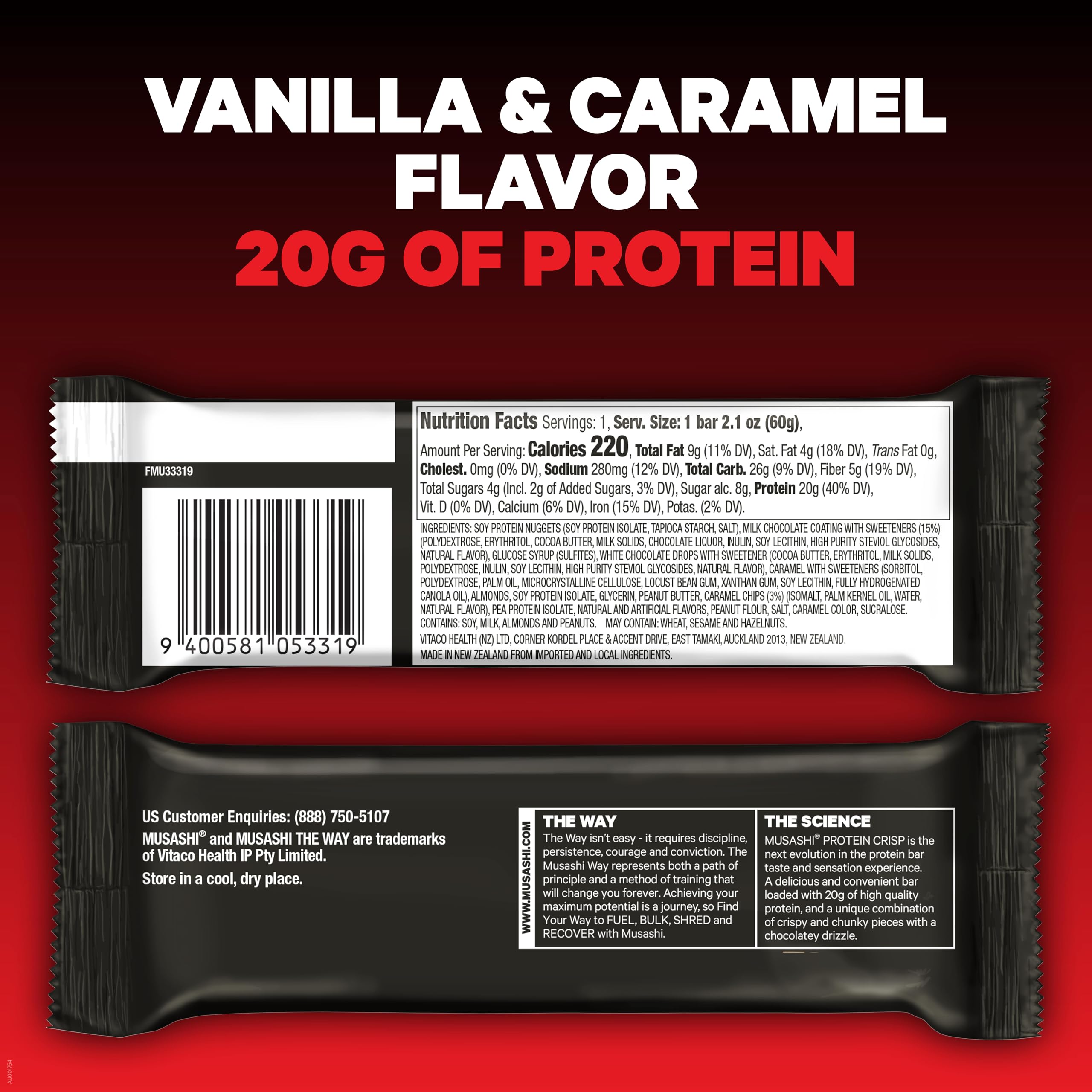 Close-up of the Musashi Protein Crisp Bar showing crispy texture.