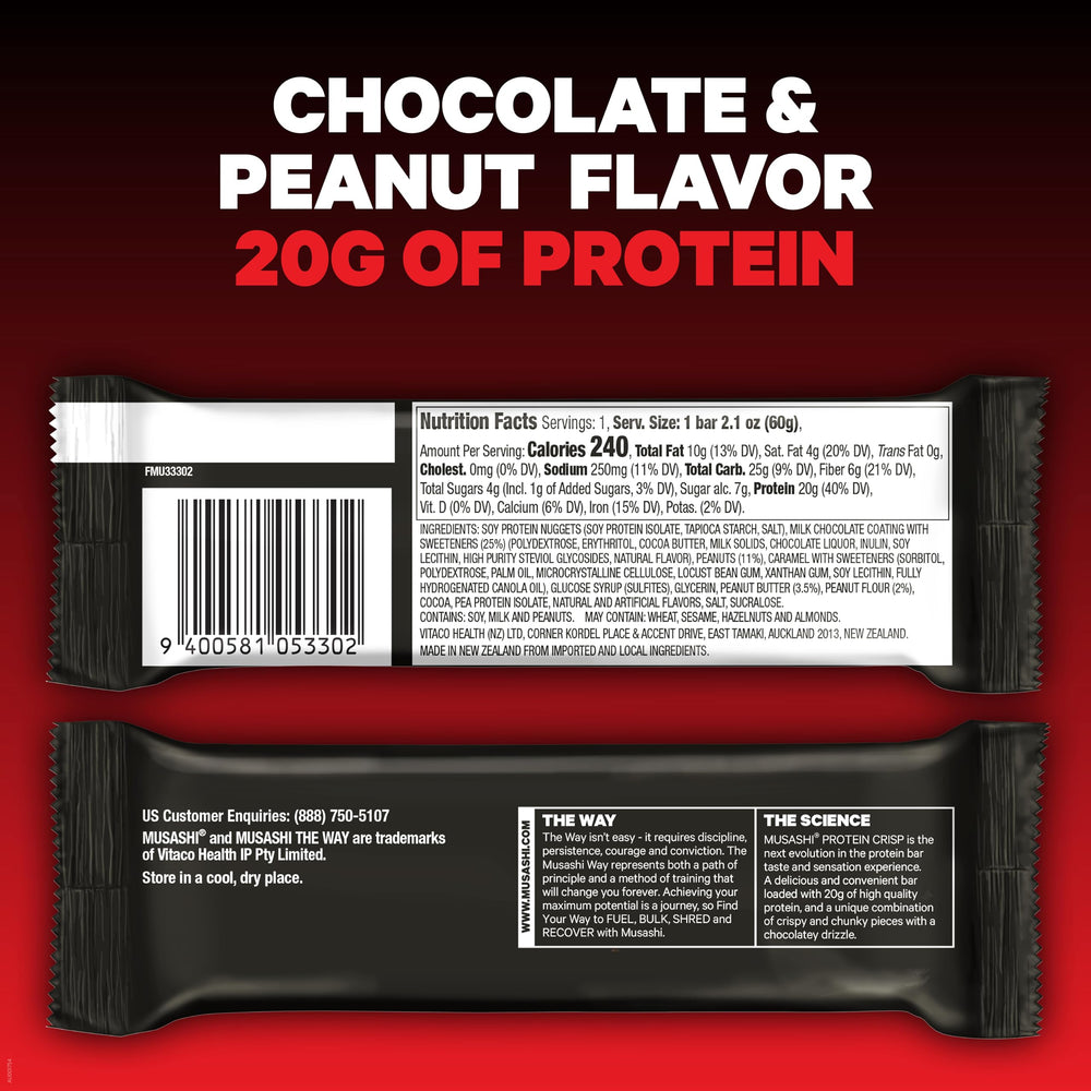 MUSASHI Protein Crisp Bar crisp texture close-up, a satisfying athlete bite.
