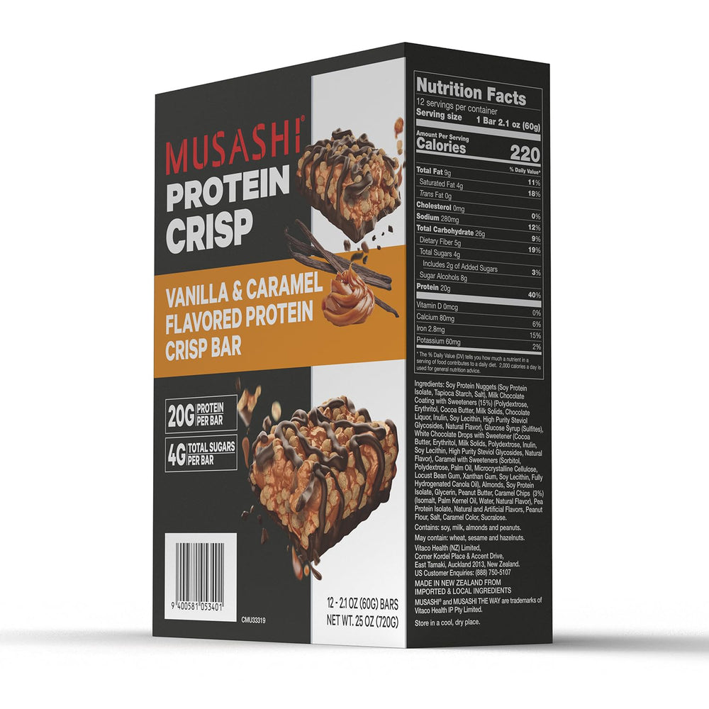 Musashi bar held in hand, suitable for pre- or post-workout fueling.