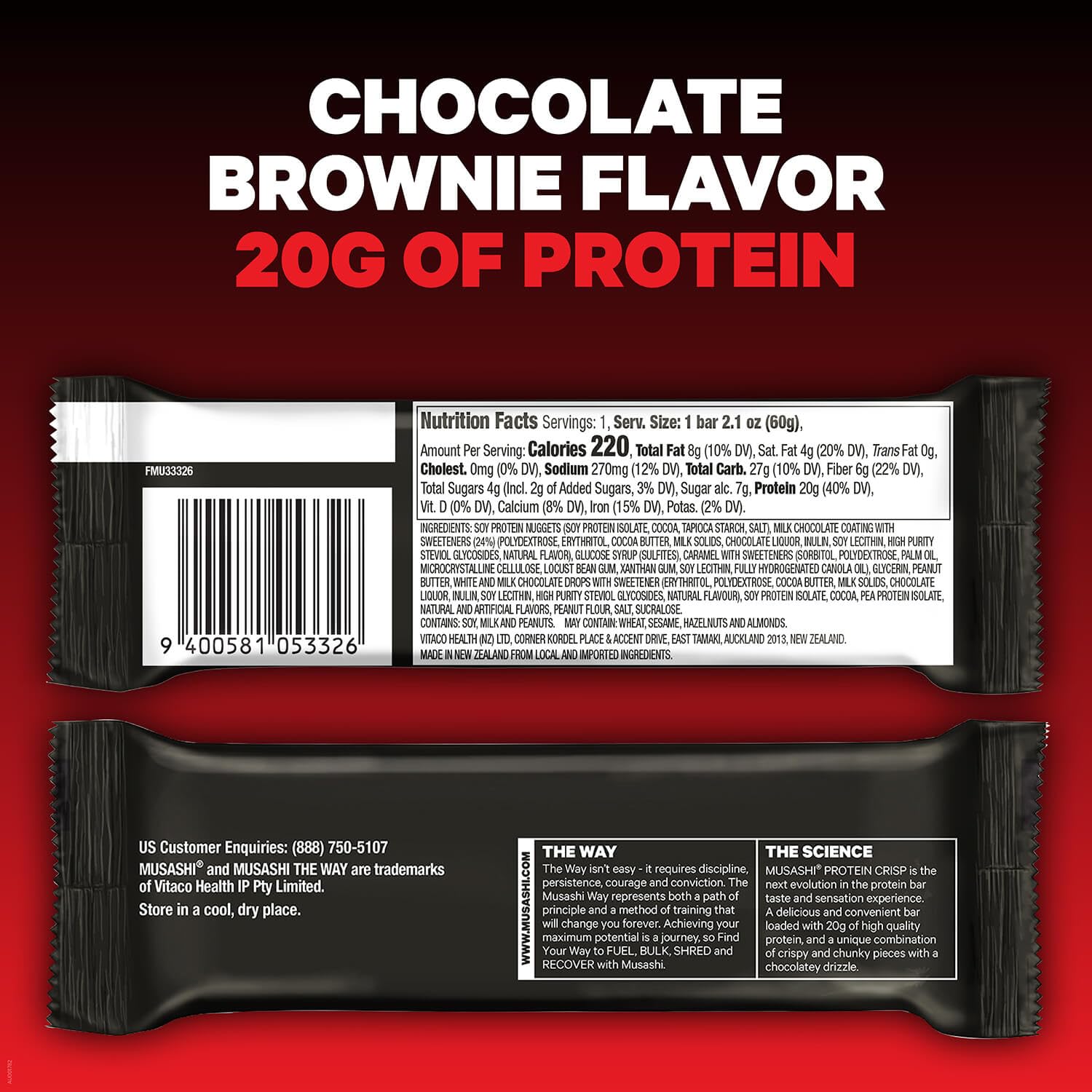 MUSASHI Protein Crisp Bar milk chocolate drizzle showcases indulgent post-workout reward