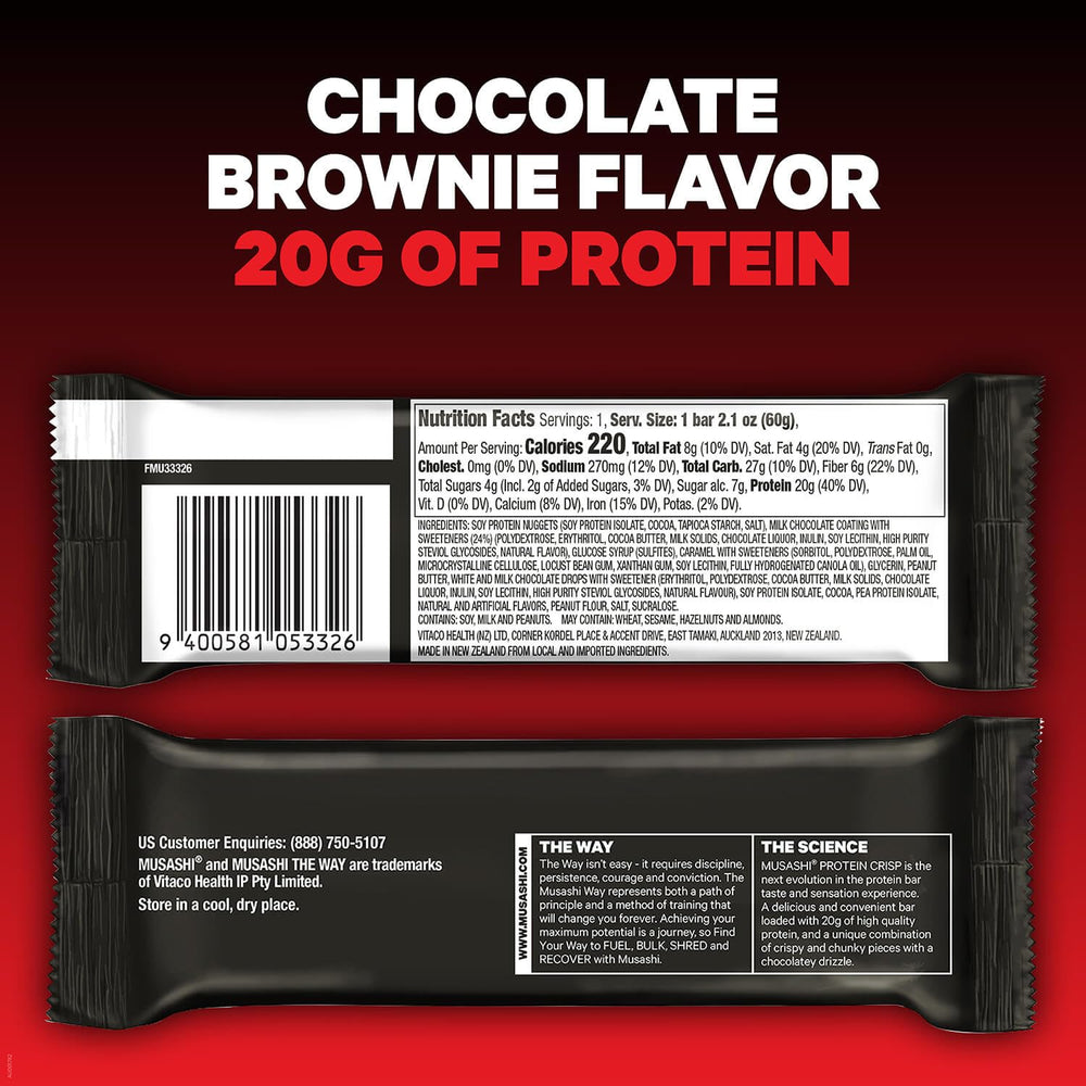 MUSASHI Protein Crisp Bar milk chocolate drizzle showcases indulgent post-workout reward