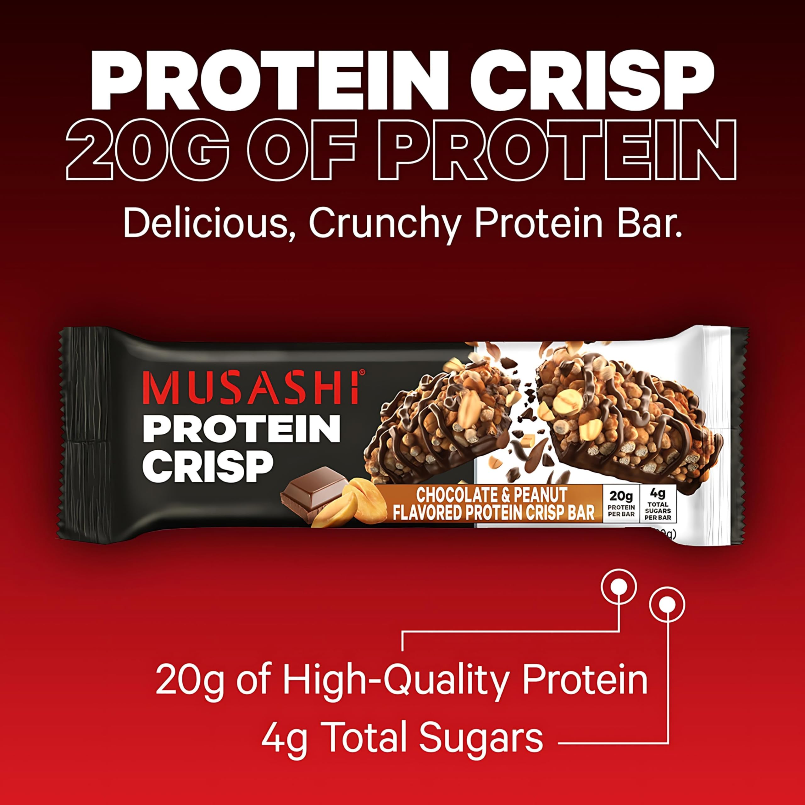 MUSASHI Protein Crisp Bar milk chocolate drizzle close-up, delicious post-workout treat.