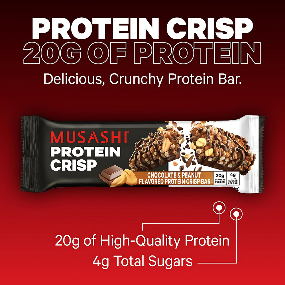 MUSASHI Protein Crisp Bar milk chocolate drizzle close-up, delicious post-workout treat.
