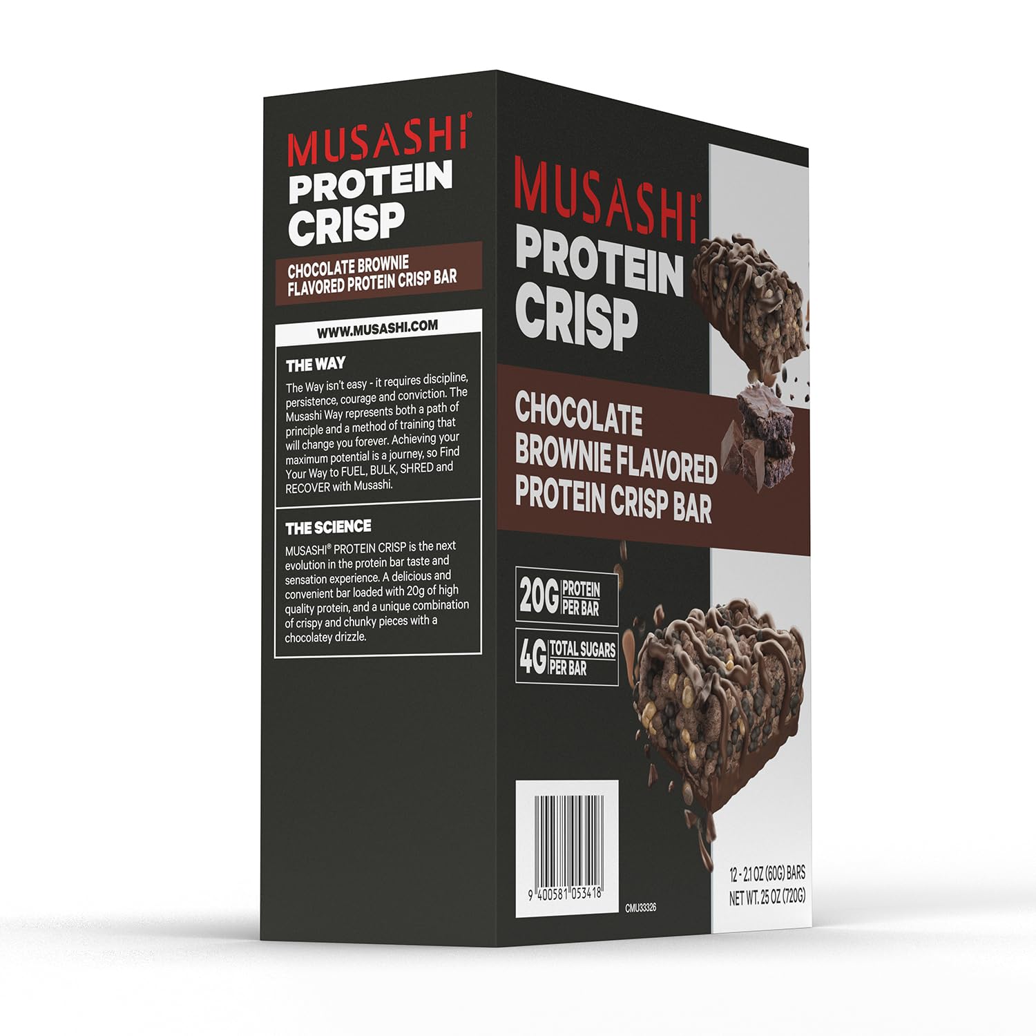 MUSASHI Protein Crisp Bar packaging front view conveys brand credibility and quality