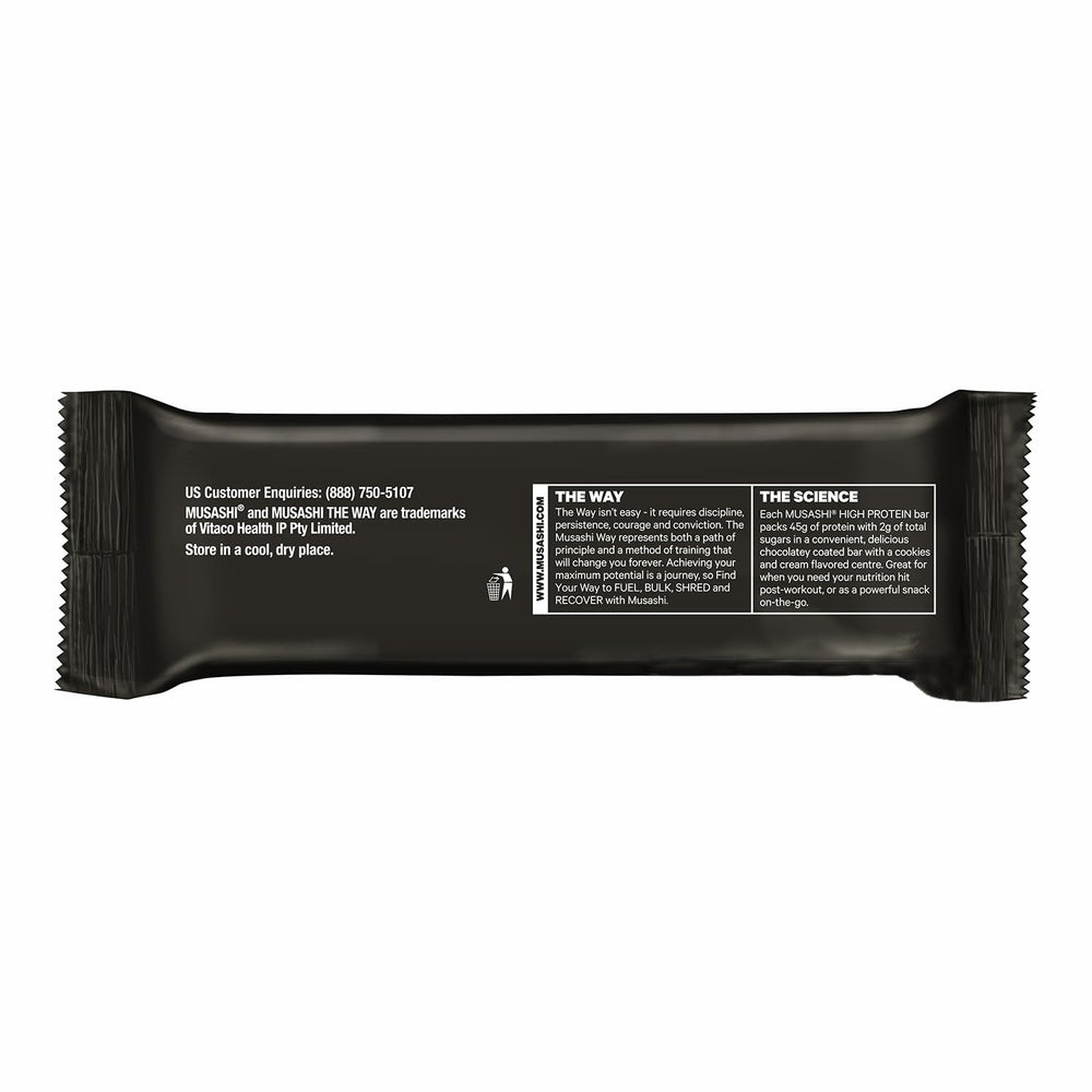MUSASHI Rocky Road bar nutrition panel close-up highlights high protein