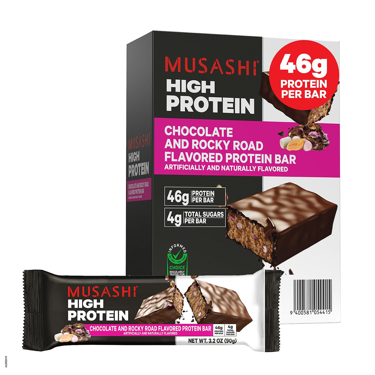 MUSASHI Rocky Road bar pack on shelf, a convenient on-the-go protein source