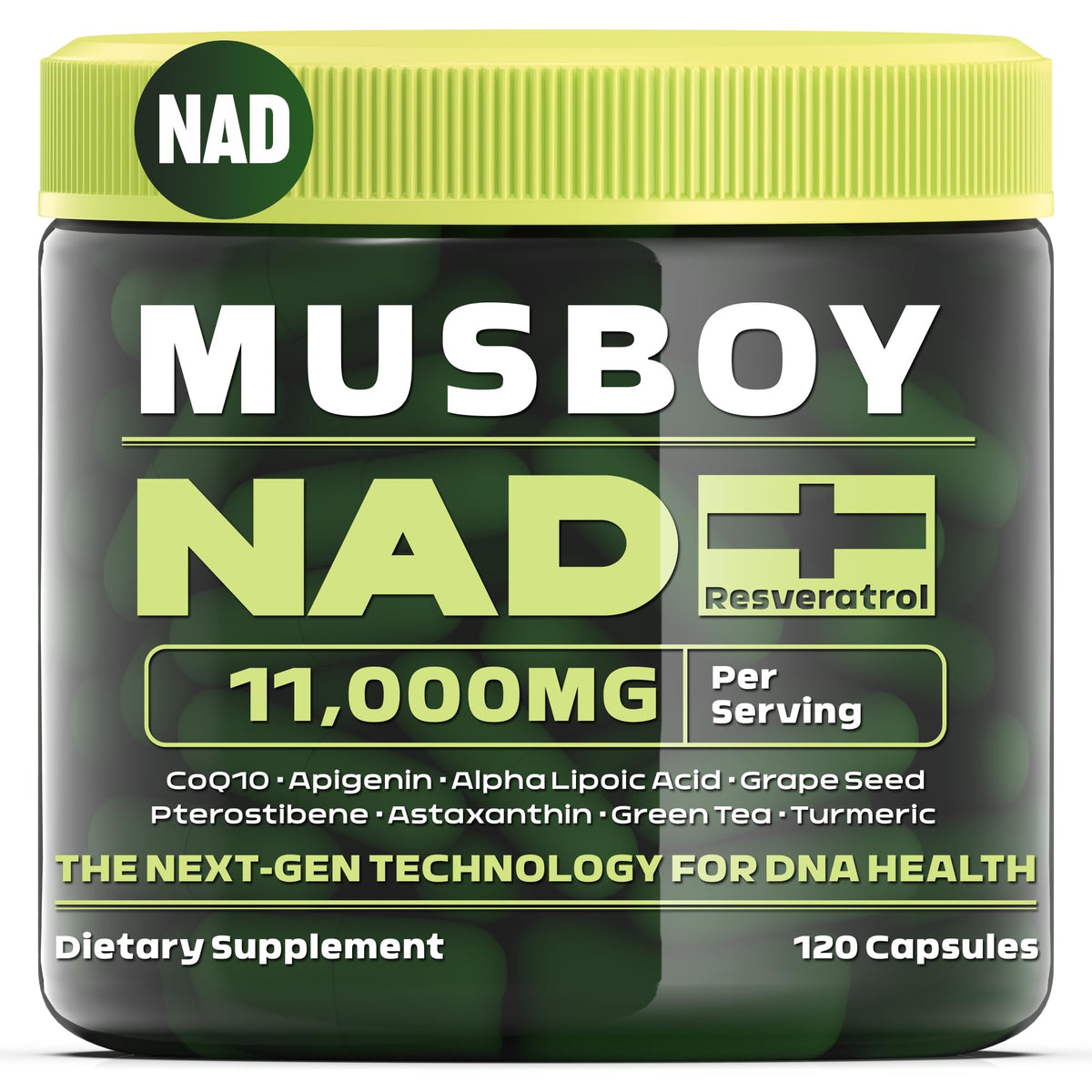 Musboy NAD+ Plus bottle front with sleek packaging for daily vitality