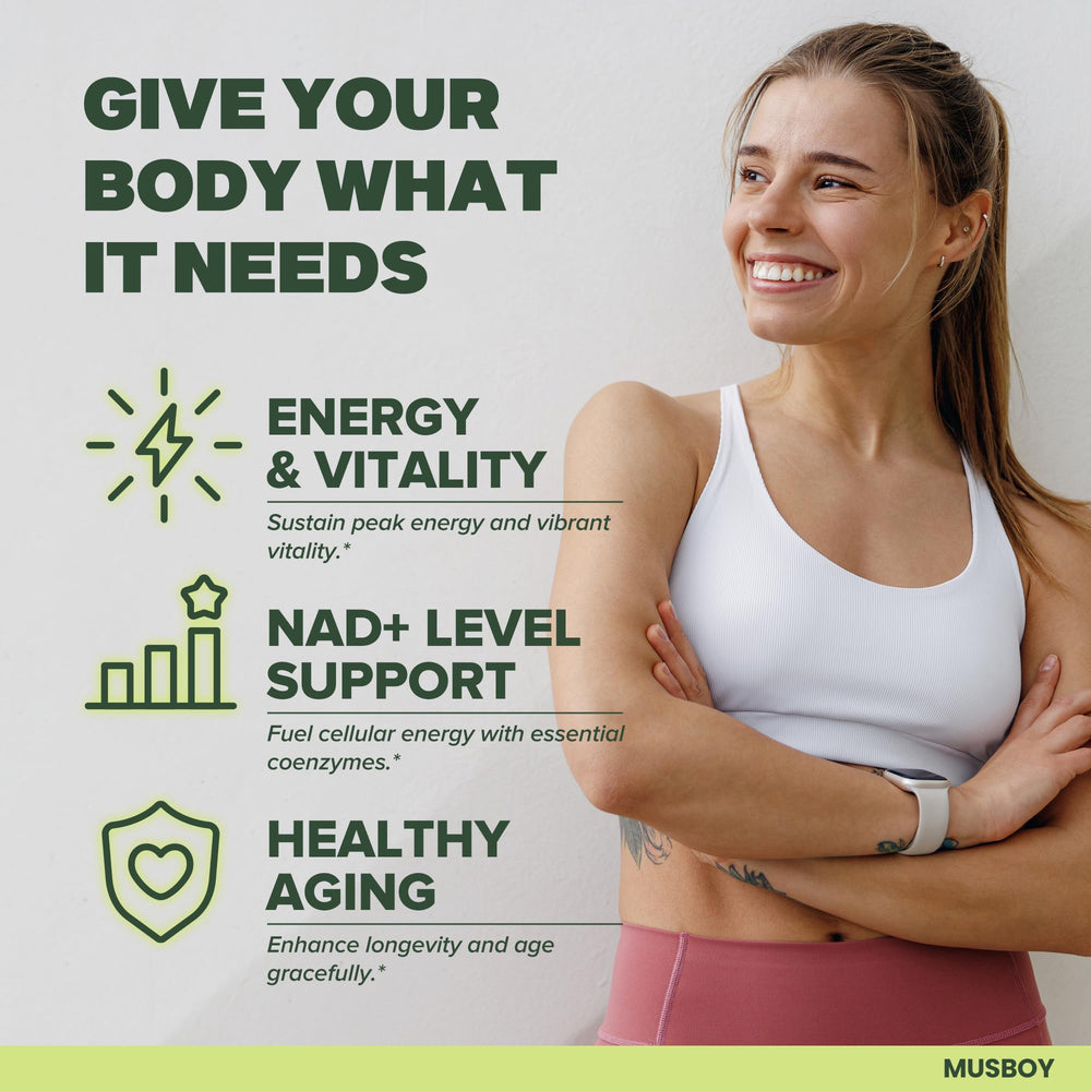 Musboy NAD+ Plus capsules close-up highlighting easy daily wellness