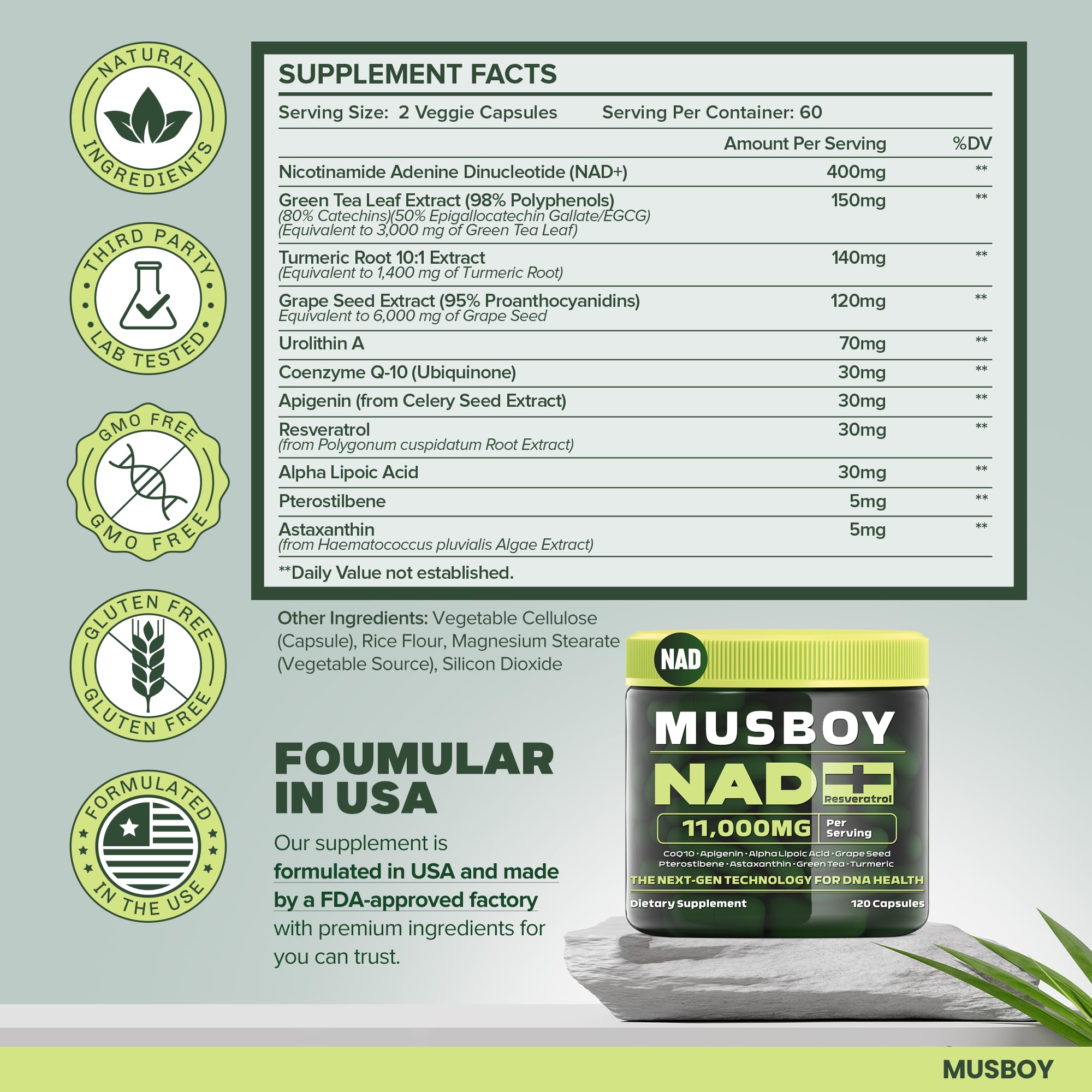 Musboy NAD+ Plus overview box highlights 120 capsules for a month-long plan