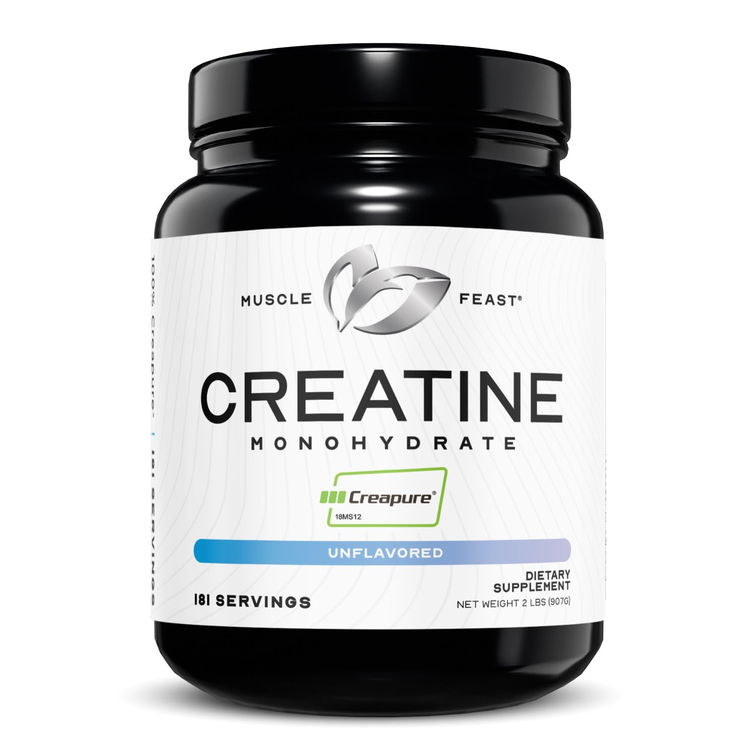 Muscle Feast Creapure creatine powder bottle on shelf for clean supplementation