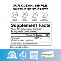 Muscle Feast Creapure creatine powder label closeup highlighting purity