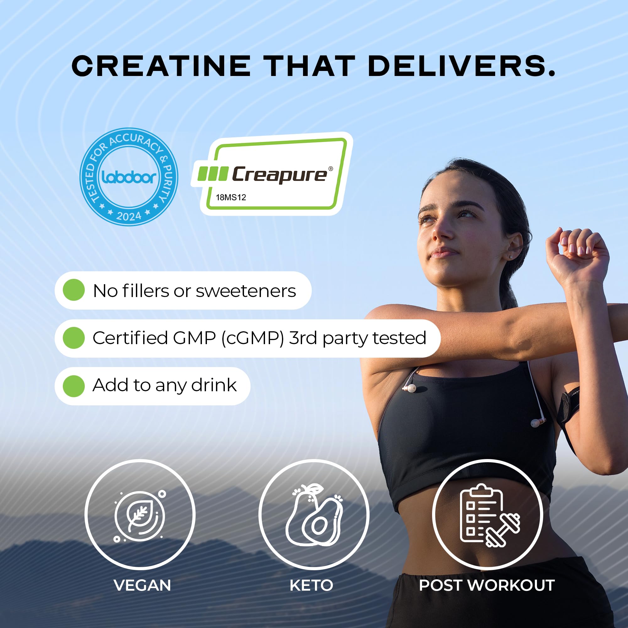 Muscle Feast Creapure Creatine powder label highlighting Labdoor quality ranking.