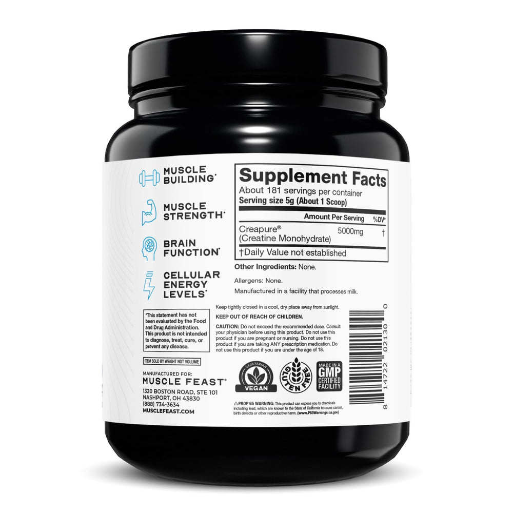 Muscle Feast Creapure creatine powder serving graphic highlights 181 servings