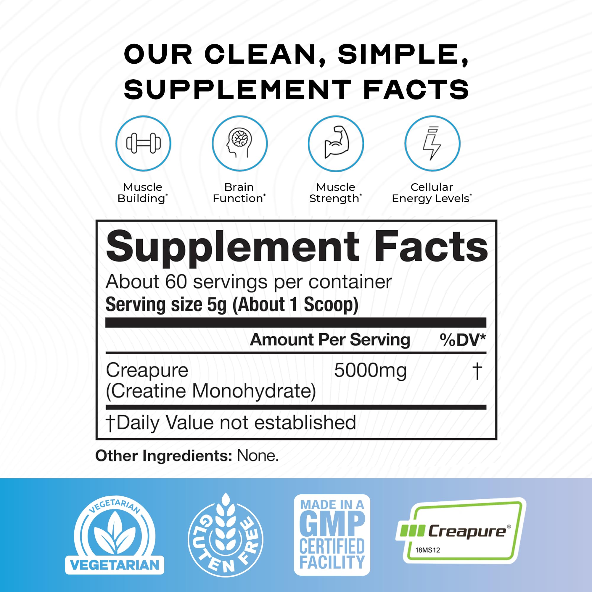 Label close-up showing 60 servings and 5 g per serving