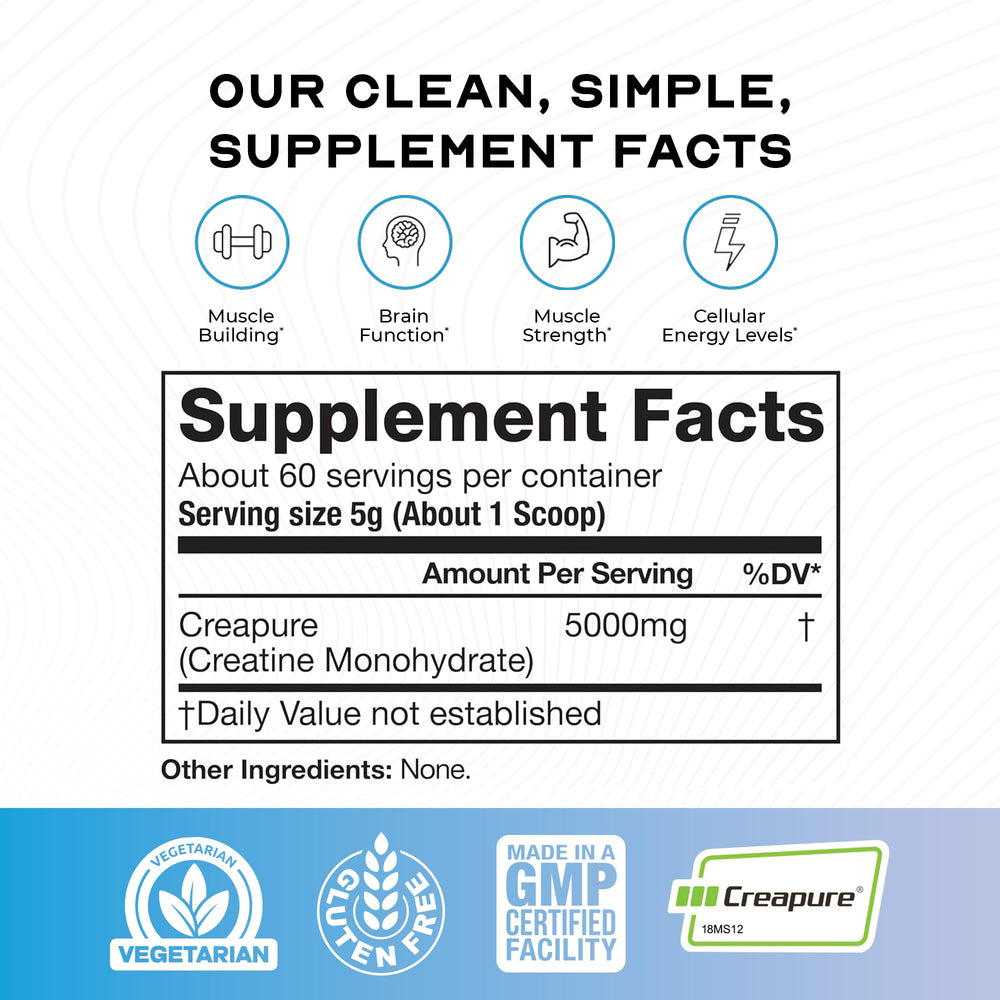 Label close-up showing 60 servings and 5 g per serving