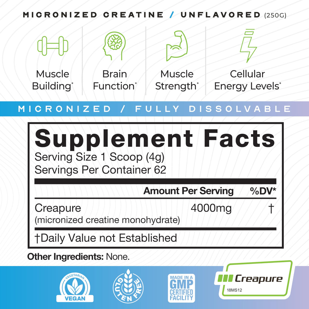 Muscle Feast Creapure lab-quality badge emphasizes strict German manufacturing standards.