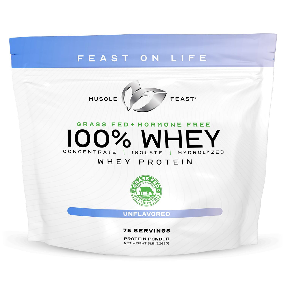 Muscle Feast grass-fed whey bottle showing premium protein from pasture-raised cows for everyday fueling.