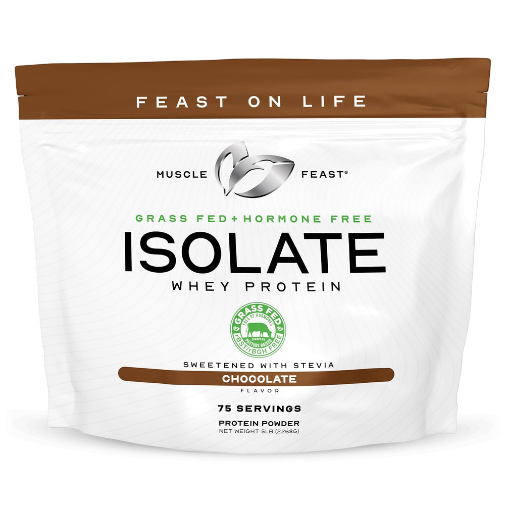 Muscle Feast grass-fed whey isolate chocolate package highlights clean label and source.
