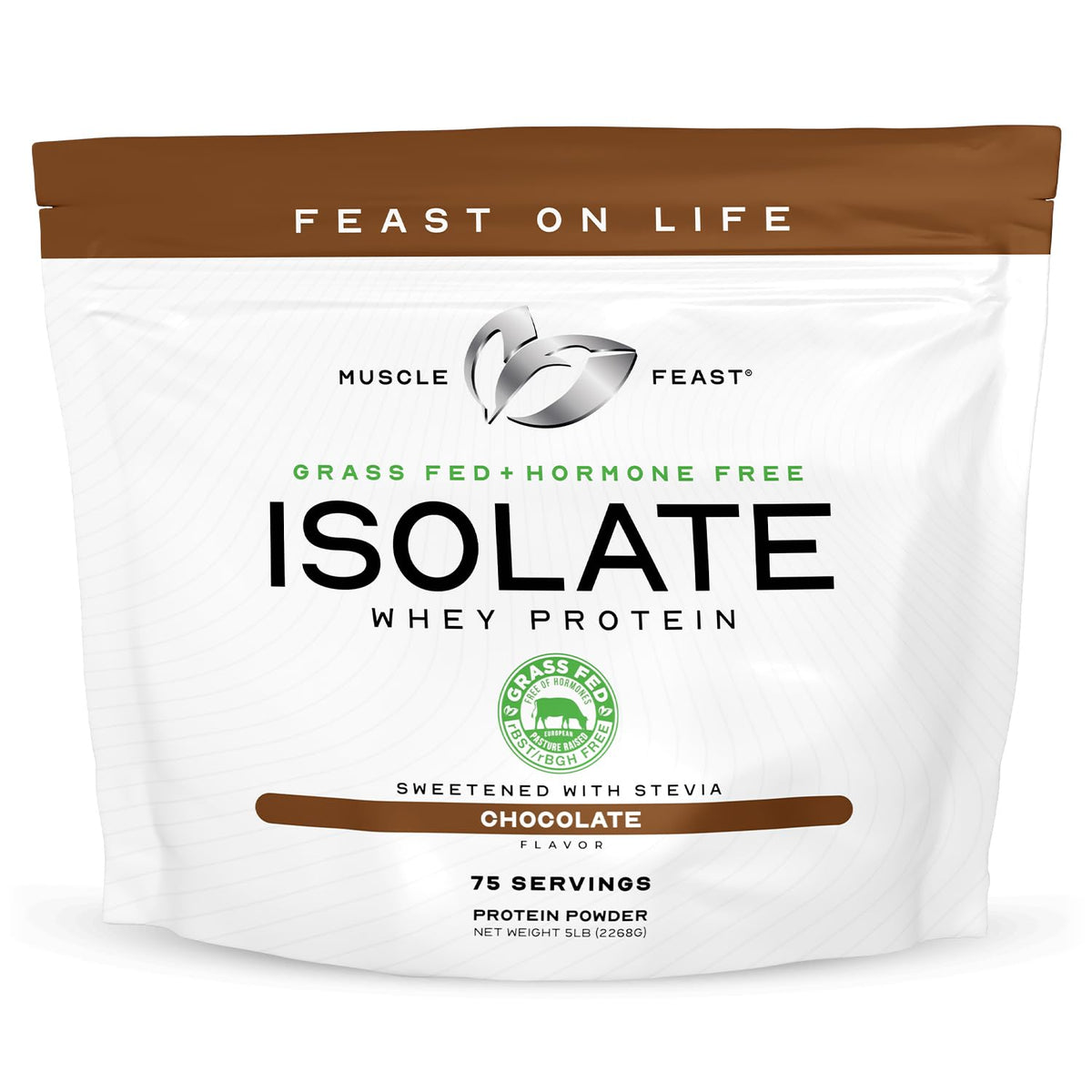 Muscle Feast grass-fed whey isolate chocolate package highlights clean label and source.