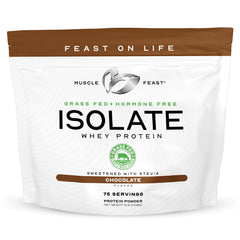 Muscle Feast grass-fed whey isolate chocolate package highlights clean label and source.