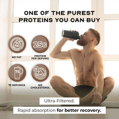 Muscle Feast scoop beside chocolate protein powder enables precise low-carb servings.