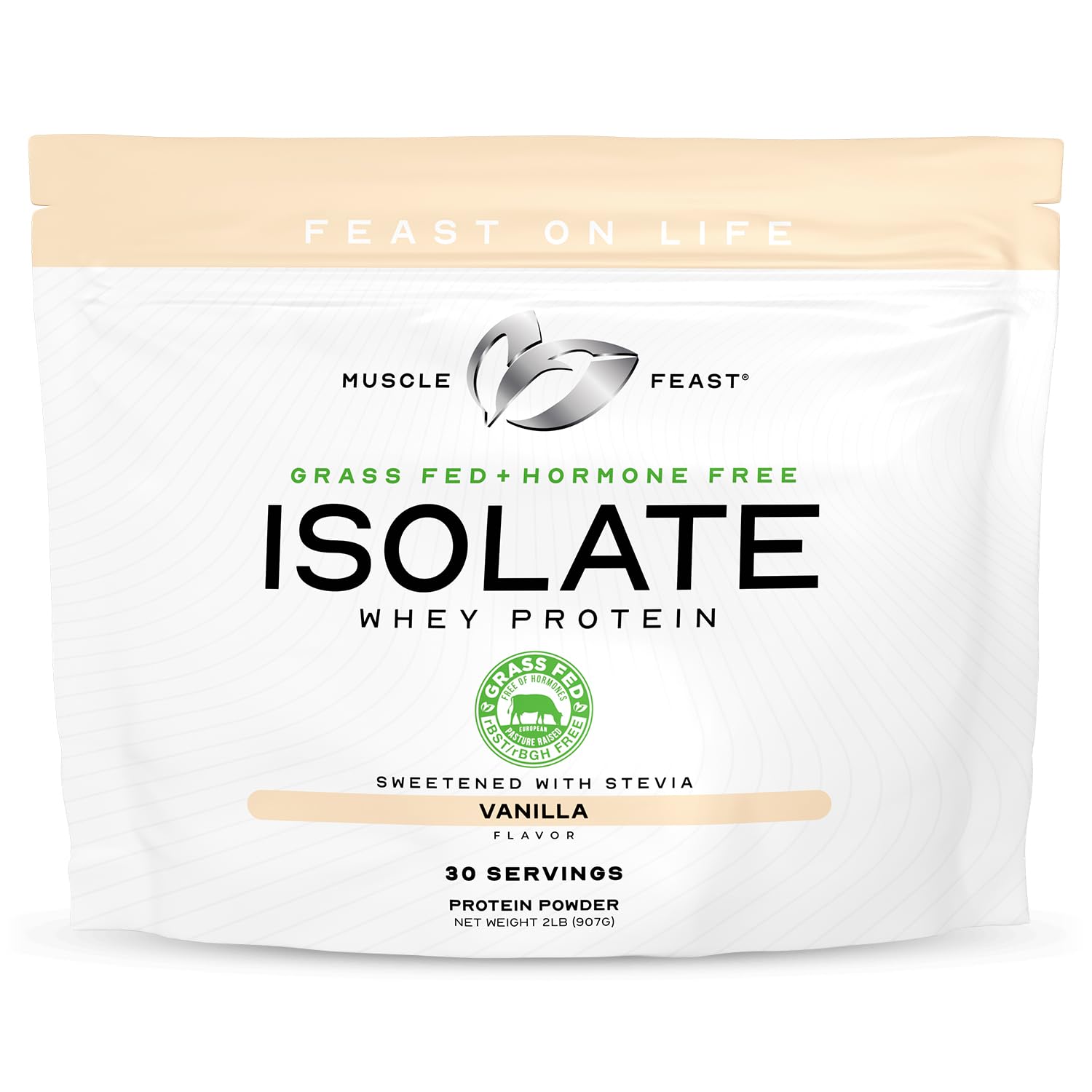 Muscle Feast grass-fed whey protein isolate vanilla bottle for daily protein support.