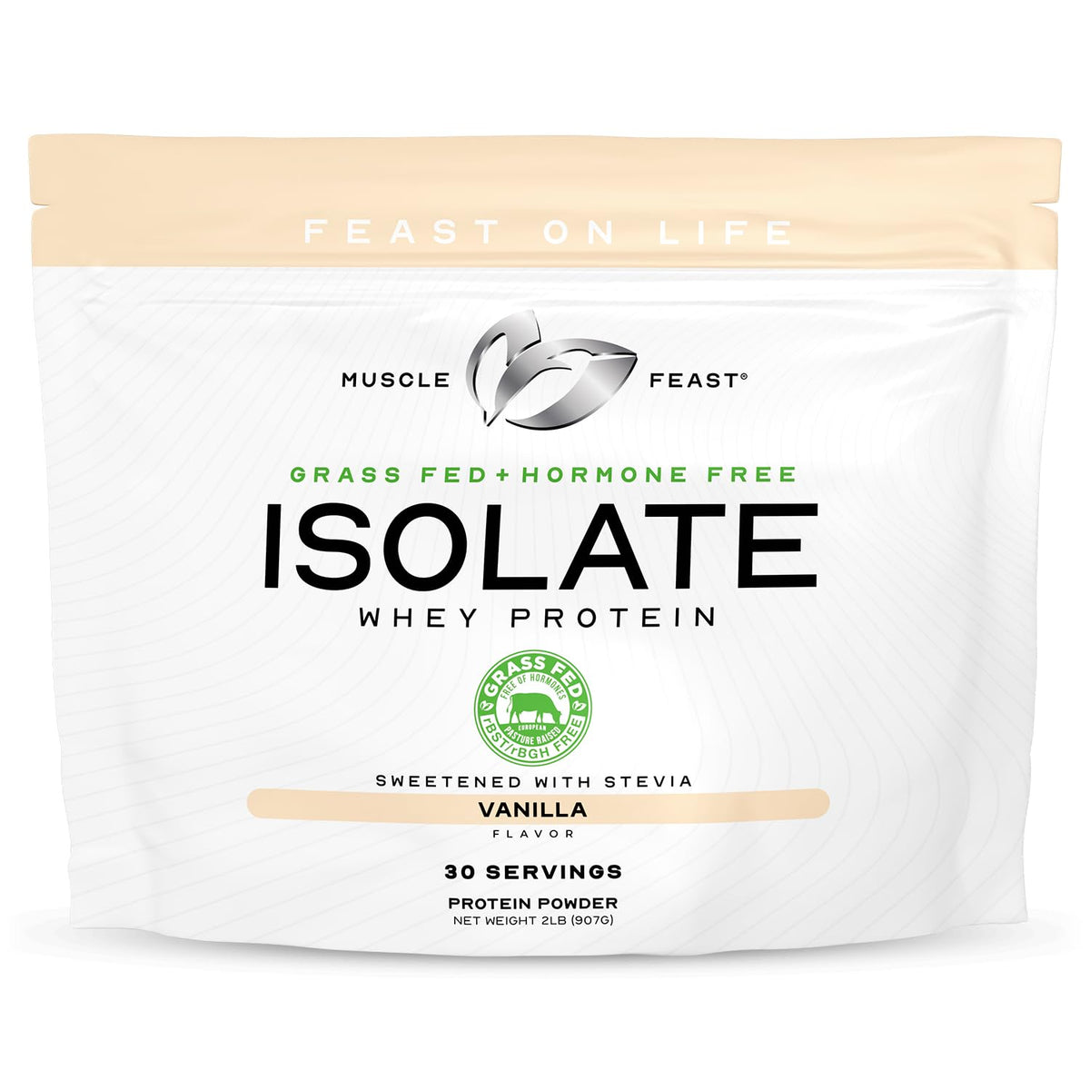 Muscle Feast grass-fed whey protein isolate vanilla bottle for daily protein support.