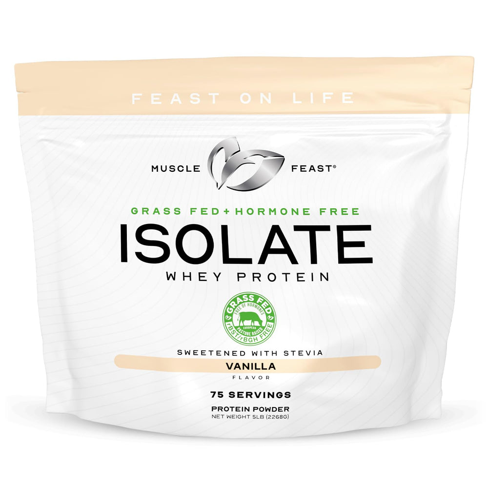 Muscle Feast grass-fed whey isolate vanilla bottle for clean daily shakes