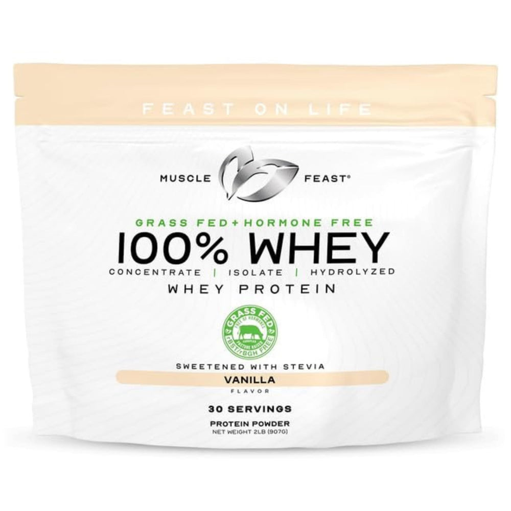 Muscle Feast Vanilla whey protein powder tub for a smooth post-workout shake.