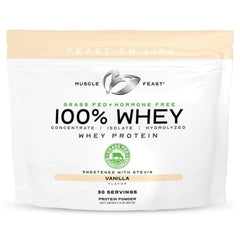 Muscle Feast Vanilla whey protein powder tub for a smooth post-workout shake.
