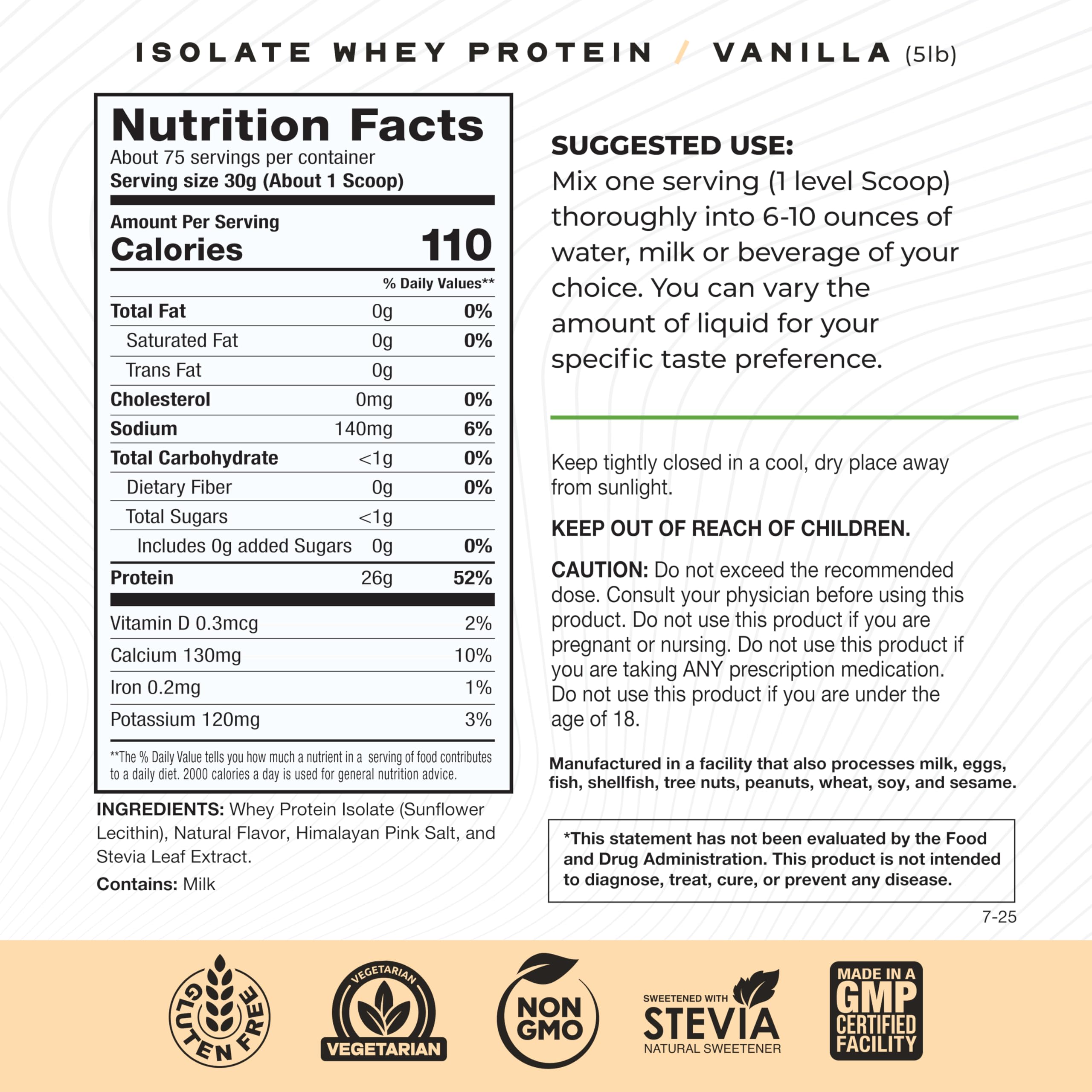 Muscle Feast vanilla whey isolate label highlights gluten-free, hormone-free formula