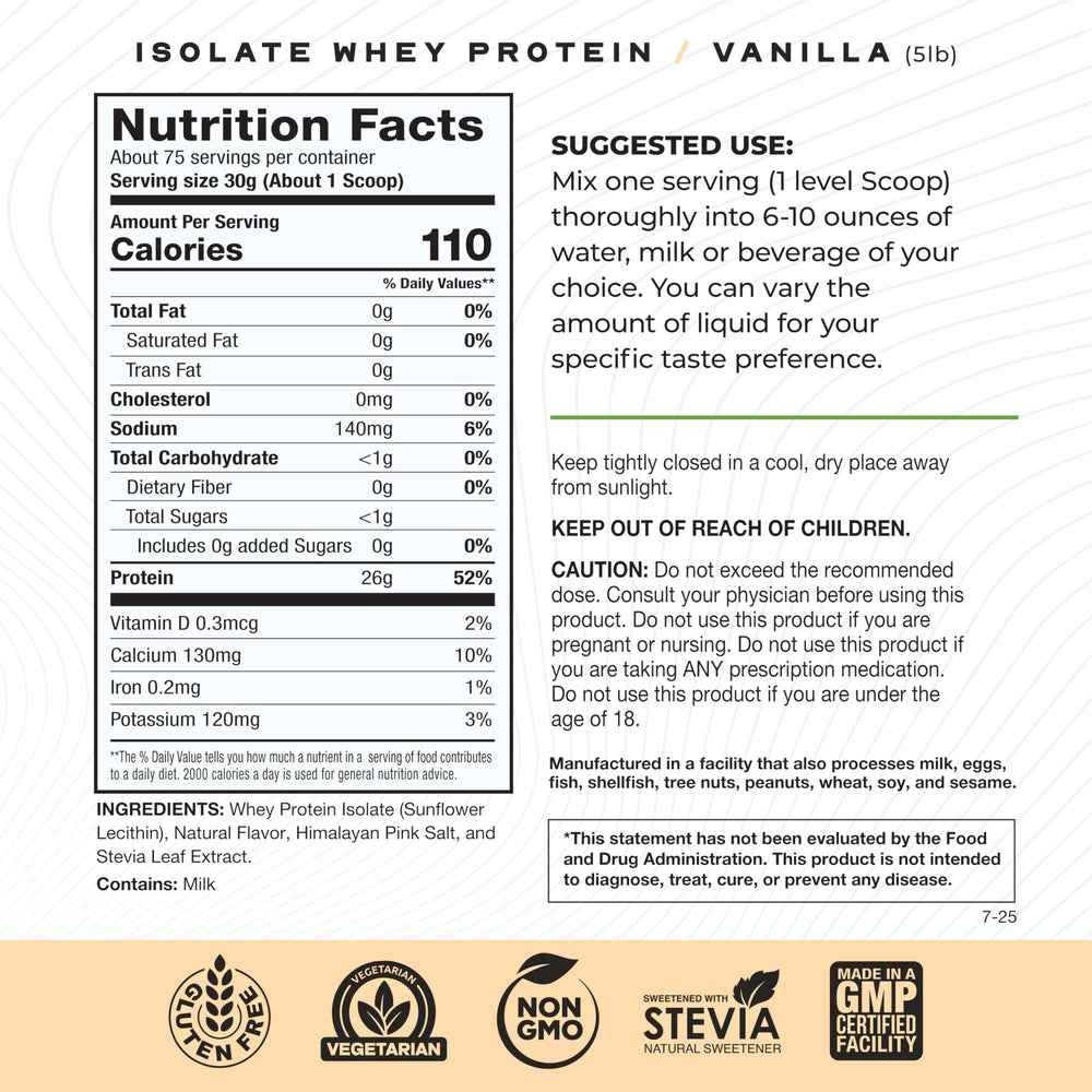 Muscle Feast vanilla whey isolate label highlights gluten-free, hormone-free formula